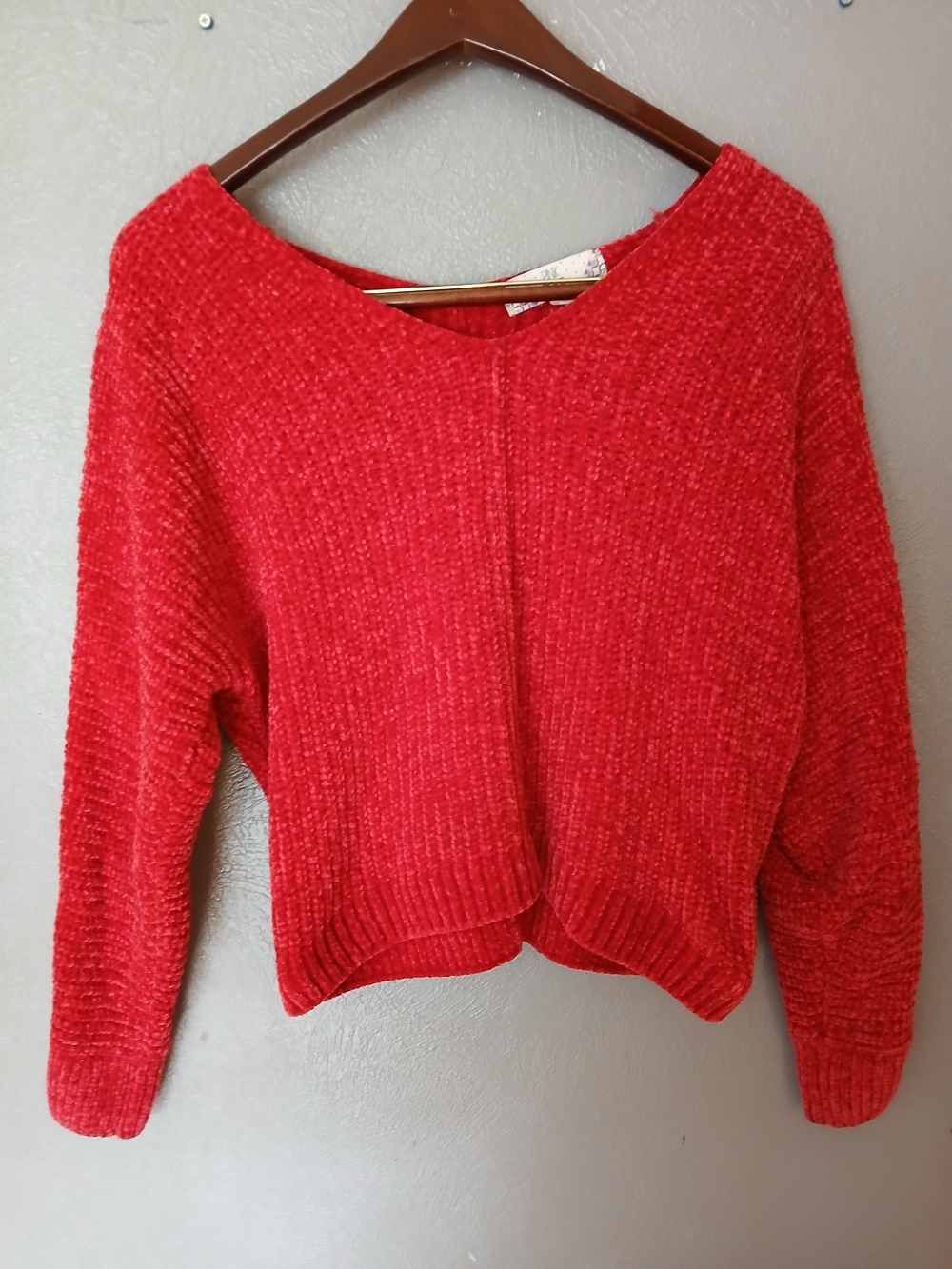 Pink Rose Off-the-Shoulder Red Chenille Sweater-XS